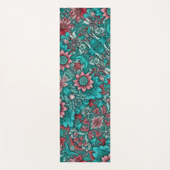 Tapis De Yoga Motif floral, aqua, sarcelle, turquoise et gris (Devant)
