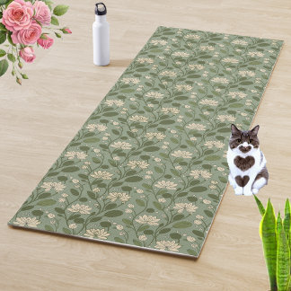 Tapis De Yoga Motif floral élégant sur fond vert laurier