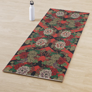 Tapis De Yoga Motif floral japonais vintage pivoine rouge noir