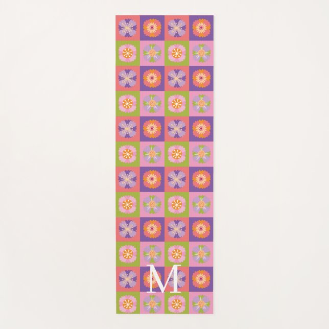 Tapis De Yoga Motif floral violet vert monogramme (Devant)