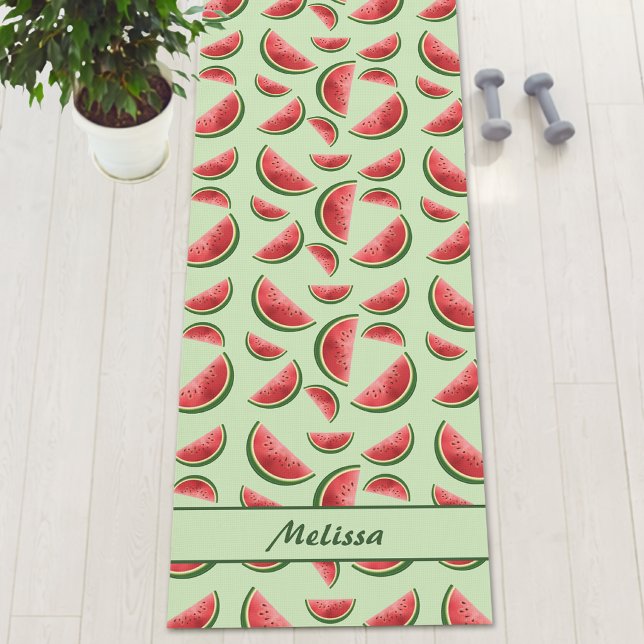 Tapis De Yoga Motif Fruit De Pastèque Sur Vert Avec Nom Personna (Créateur téléchargé)