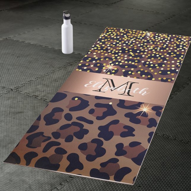 Tapis De Yoga Motif léopard marron noir doré bronze monogramme (Créateur téléchargé)