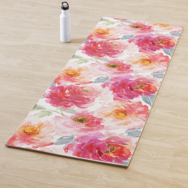 Tapis De Yoga Motif rose Aquarelle Peony (En situation)