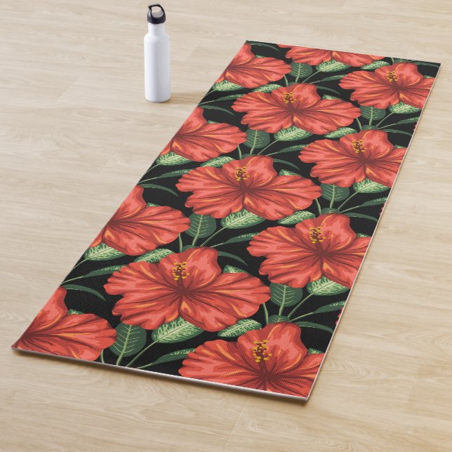 Tapis De Yoga Motif sans couture Fleurs rouges tropicales feuill (En situation)