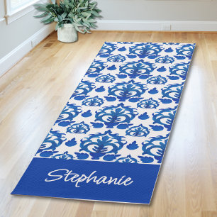 Tapis De Yoga Motif Toile de Jouy Bleu Nom Personnalisé