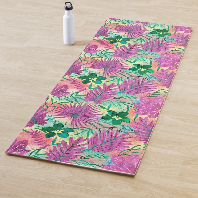 Tapis De Yoga Nalani Hawaiian Tropical Garden inverse Fuchsia (En situation)