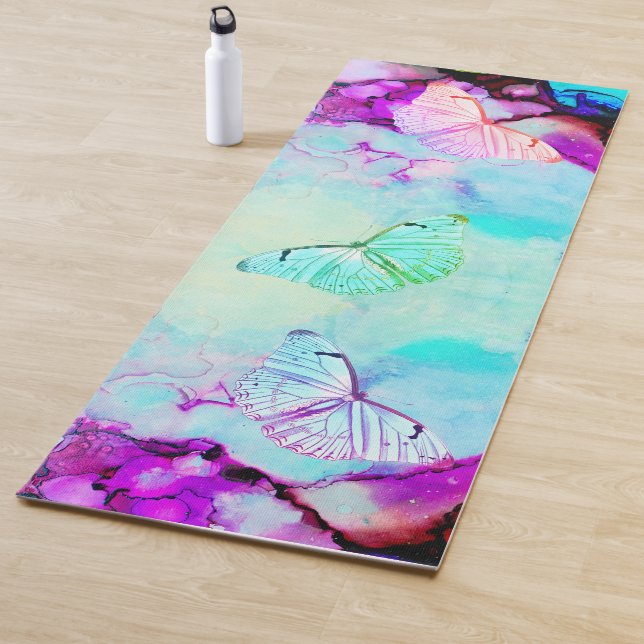Tapis De Yoga Neon Ink Turquoise Magenta Pastel Papillons (En situation)