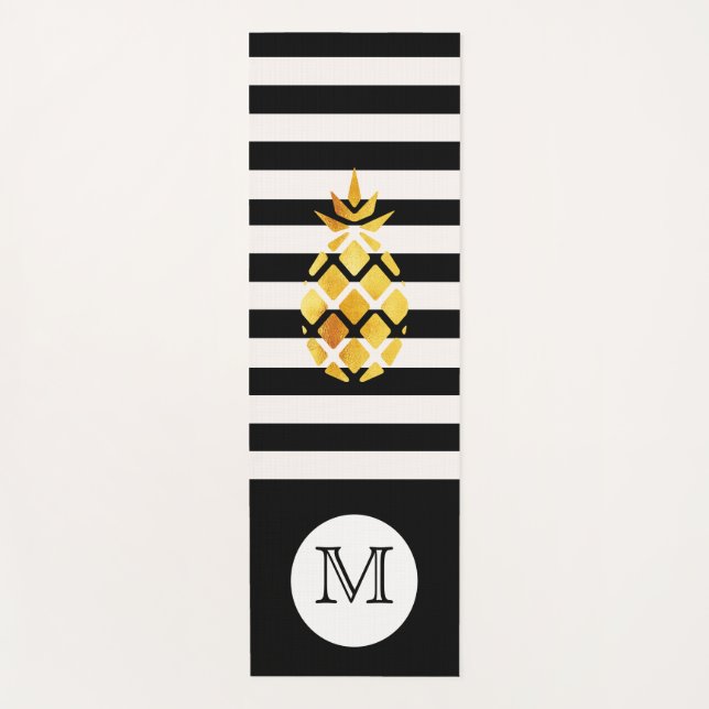 Tapis De Yoga Noir blanc rayures faux or ananas monogramme (Devant)