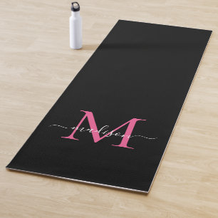 Tapis De Yoga Noir Magenta Blush rose Monogramme Élégant Feminin