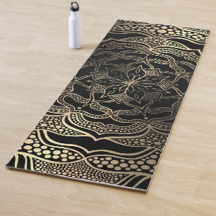 Tapis De Yoga Noir & Or Floral Mandala Belle Chic élégant