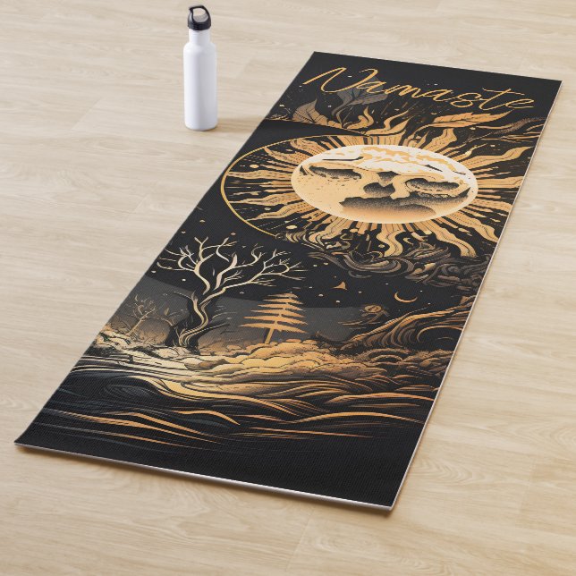 Tapis De Yoga Noir or Sun Moon Namaste ou Nom (En situation)