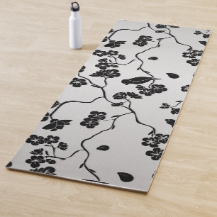 Tapis De Yoga Noir sur les oiseaux Motifs en argent et fleurs de