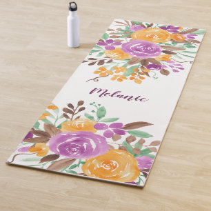 Tapis De Yoga Nom d'aquarelle fleurie violette moderne
