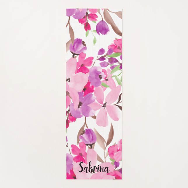 Tapis De Yoga Nom d'aquarelle florale moderne chic girly rose (Devant)