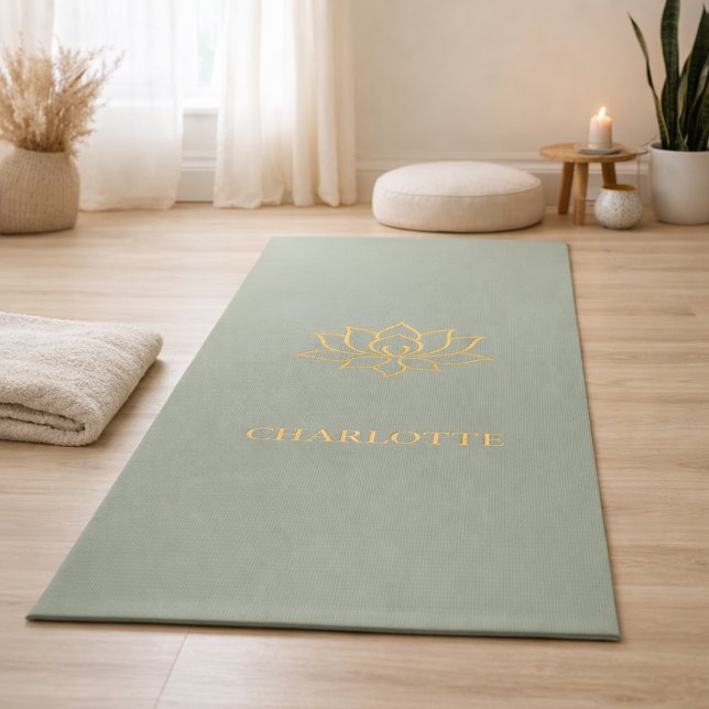 Tapis De Yoga Nom de fleur de lotus dorée vert sauge (Créateur téléchargé)