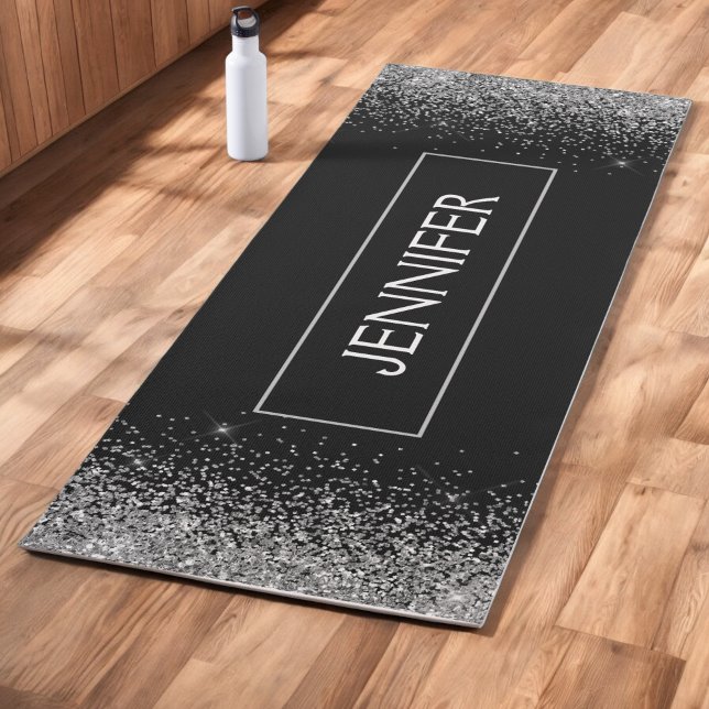 Tapis De Yoga Nom de monogramme scintillant pailleté argent noir (Créateur téléchargé)