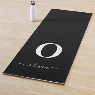 Tapis De Yoga Nom de script Monogramme Personnalisé Noir Et Blan