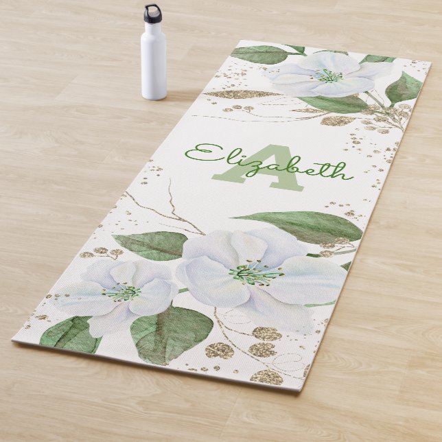 Tapis De Yoga Nom du monogramme Aquarelle blanche or Script flor (En situation)