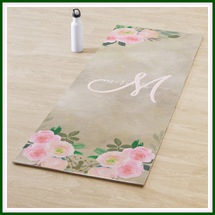 Tapis De Yoga Nom du monogramme personnalisé à la crème chic