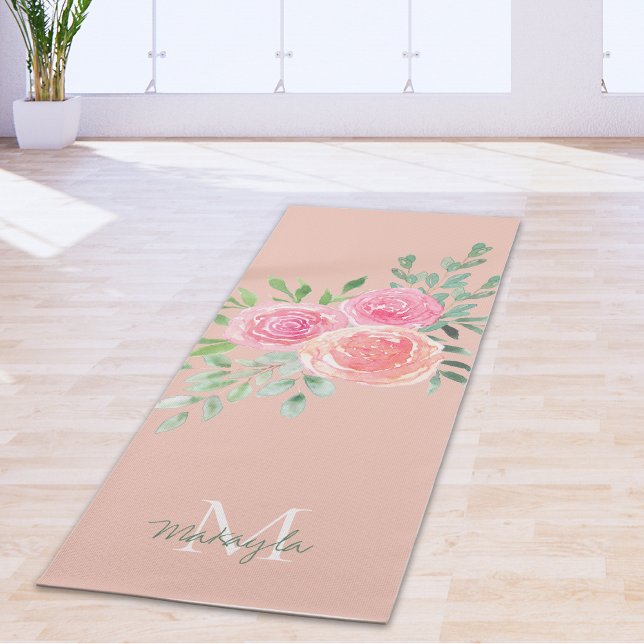 Tapis De Yoga Nom Monogramme Aquarelle Floral Rose (Créateur téléchargé)