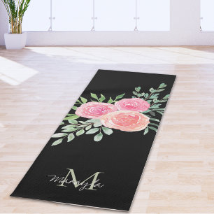 Tapis De Yoga Nom Monogramme Floral Aquarelle Noir