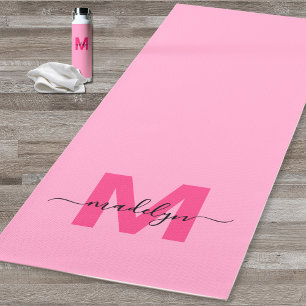 Tapis De Yoga Nom personnalisé avec monogramme girly rose vif