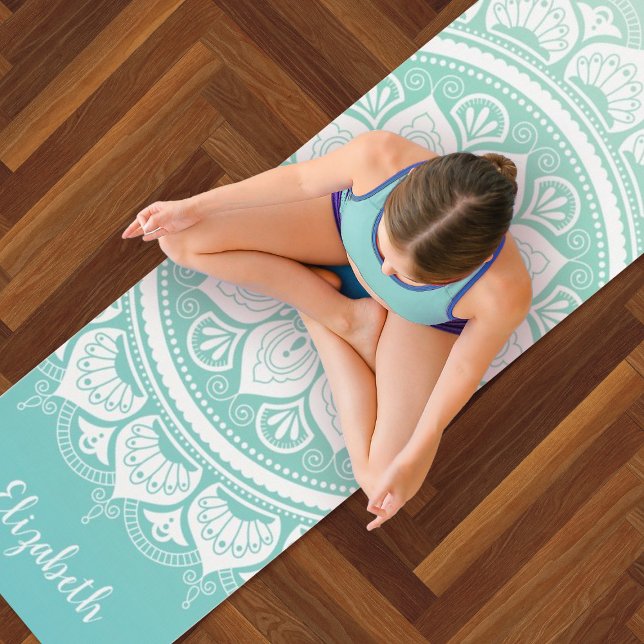 Tapis De Yoga Nom personnalisé Exercice Mandala Turquoise (A pretty teal blue and white mandala yoga exercise mat. Personalize it with your name.)