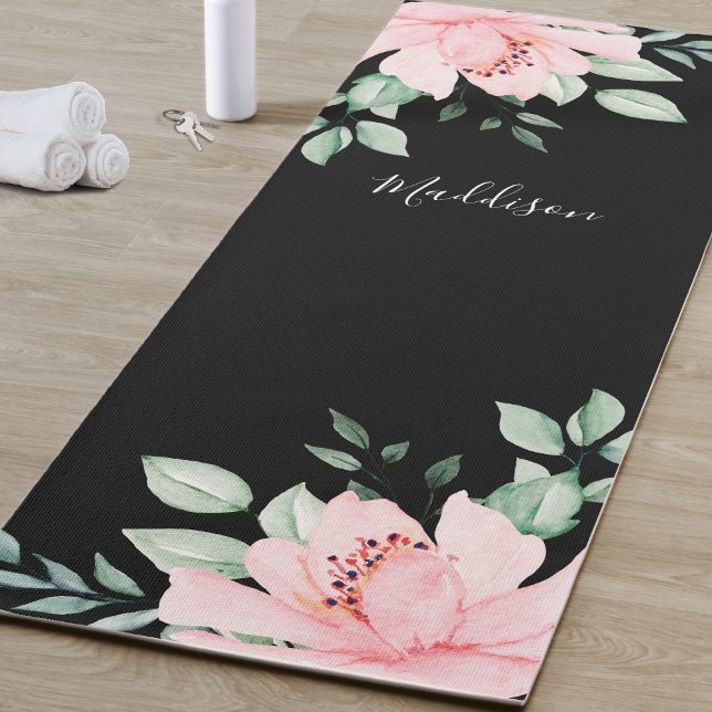 Tapis De Yoga Nom personnalisé floral (Black And Pink Flower Yoga Mat)