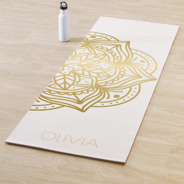 Tapis De Yoga Nom personnalisé Gold Mandala Blanc (En situation)