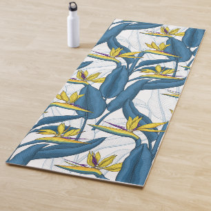 Tapis De Yoga Oiseau de fleurs de paradis sur blanc