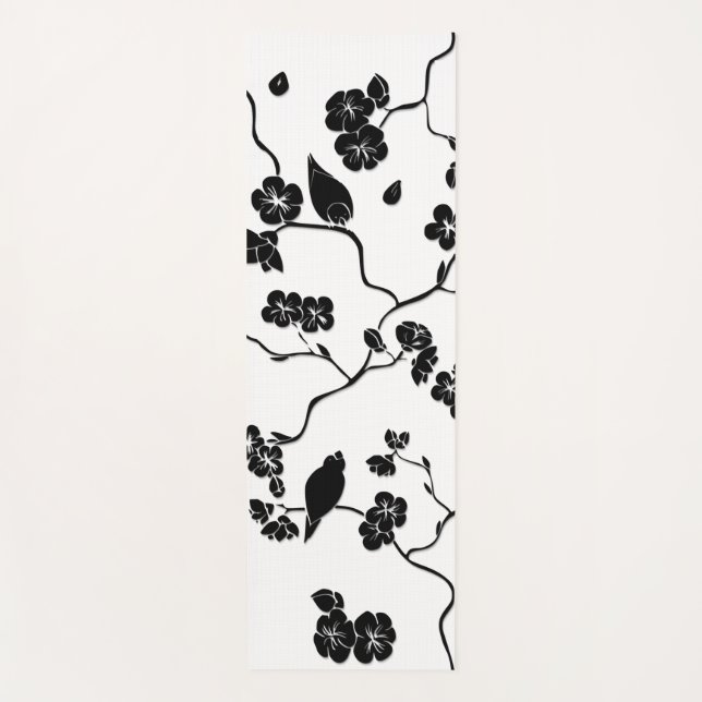 Tapis De Yoga Oiseaux Motifs noirs et blancs sur les fleurs de c (Devant)
