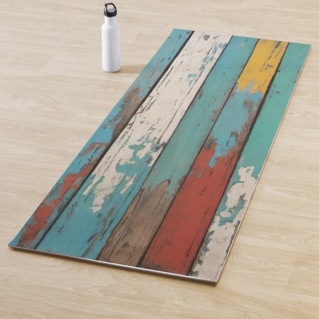 Tapis De Yoga Old Wood Blue And Yellow Painted Distressed Planks (En situation)