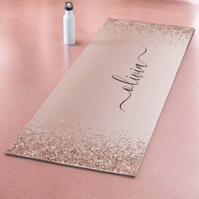 Tapis De Yoga Or Rose Gold - Rose Pâle Pailleté Métal Monogramme (Créateur téléchargé)