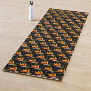 Tapis De Yoga Orange Bird of Paradise Motif sur Noir