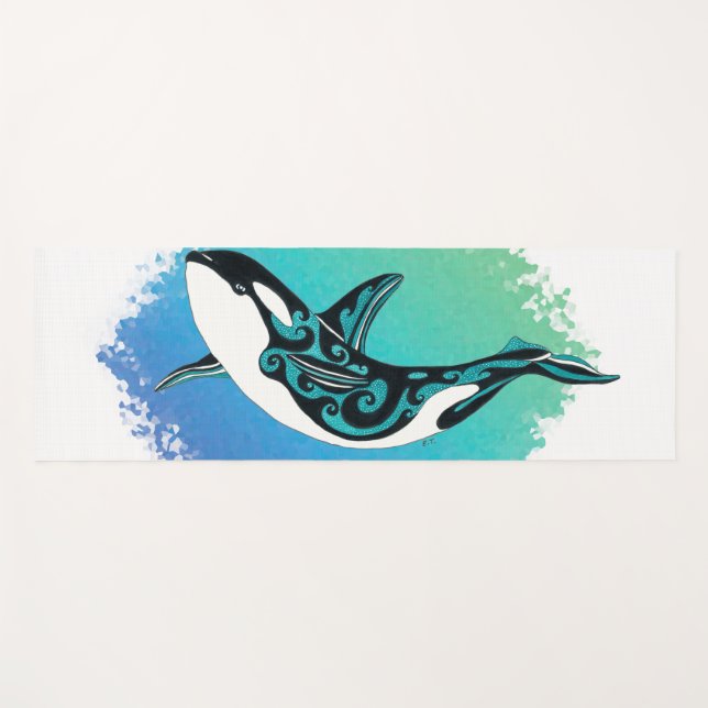Tapis De Yoga Orca Whale Tribal InkTeal (Devant (Horizontal))