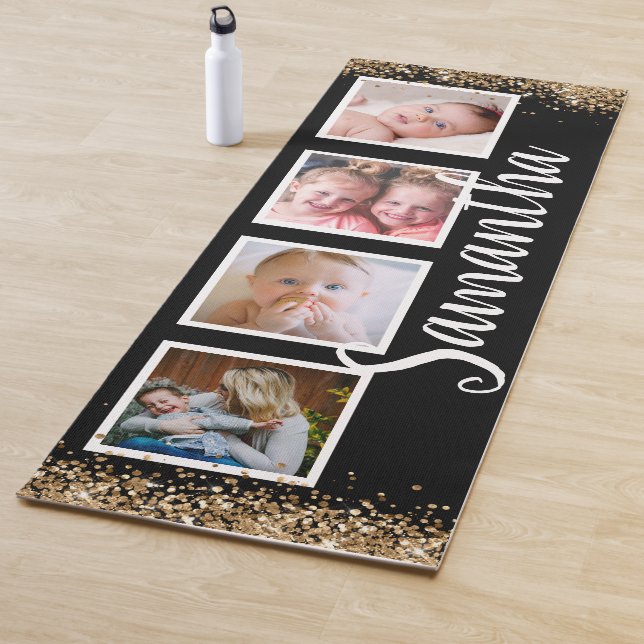 Tapis De Yoga Paillettes en or noir photo collage nom personnali (En situation)