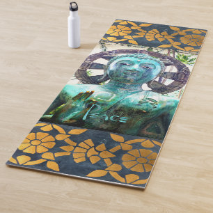 Tapis De Yoga "Paix" Citation De La Statue Du Bouddha Turquoise