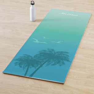 Tapis De Yoga Palmiers Et Oiseaux Tropicaux Été Bleu Aqua
