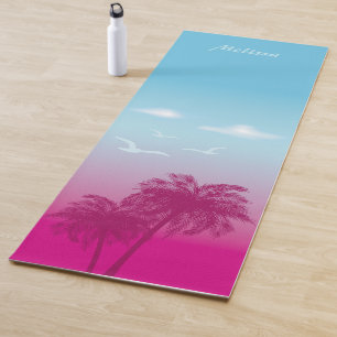 Tapis De Yoga Palmiers roses Scène estivale tropicale et nom