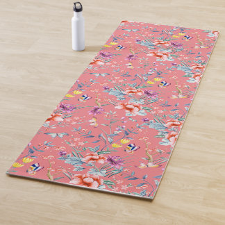 Tapis De Yoga Papillons de la Chinoiserie, fleurs rose saumon
