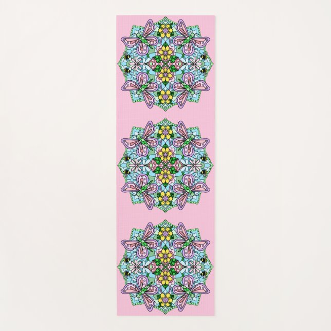 Tapis De Yoga Papillons et fleurs rose et bleu Mandala (Devant)