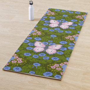 Tapis De Yoga Papillons et symétrie des fleurs, bleu et rose