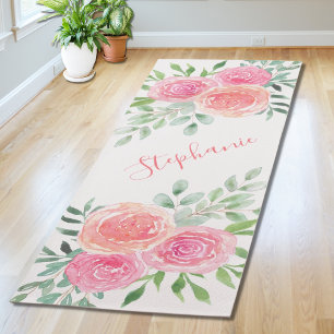 Tapis De Yoga Pastel Floral Aquarelle Nom Monogram