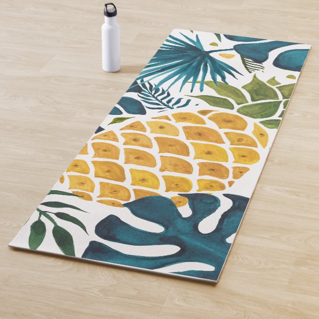 Tapis De Yoga Paume tropicale feuille ananas doré blanc bleu (En situation)