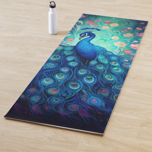Tapis De Yoga Peacock - Plumes d'Aqua Vert Bleu & Fleurs Roses (En situation)