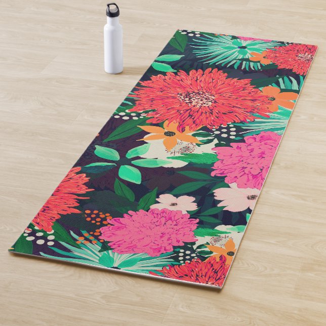 Tapis De Yoga Peinture florale assez vivante Conception bleu mar (En situation)