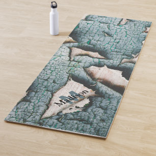 Tapis De Yoga Peinture verte bleue vieille rustique bois Monogra