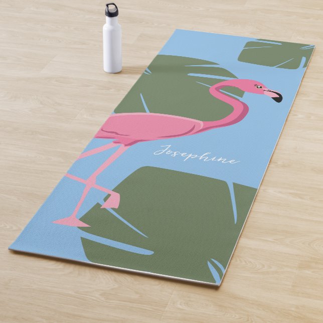 Tapis De Yoga Personalized Pink Flamingo with Tropical Leaves (En situation)