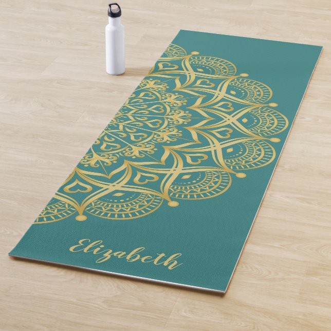 Tapis De Yoga Personnalisé élégant Mandala Turquoise bleu vert (En situation)