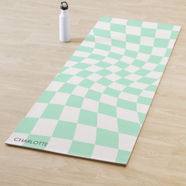 Tapis De Yoga Personnalisé Retro Pastel Mint Wavy À damiers (En situation)